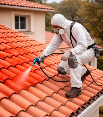 Artisan appliquant un hydrofuge coloré sur toiture en tuiles pour protéger et rénover la toiture en Savoie et Haute-Savoie