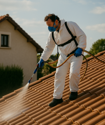 Artisan appliquant un hydrofuge incolore sur une toiture en tuiles pour protéger contre l’humidité en Savoie et Haute-Savoie
