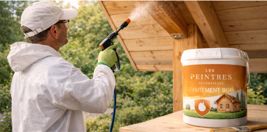 Application d’un traitement de protection sur bardage bois extérieur